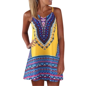 Summer yellow sleeveless mini dress with bohemian geometric print and spaghetti straps