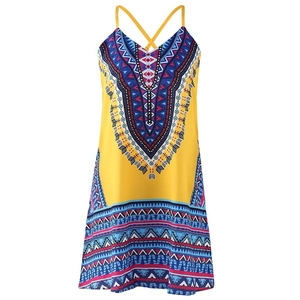 Detail of yellow boho summer dress with ethnic geometric print and V-neckline