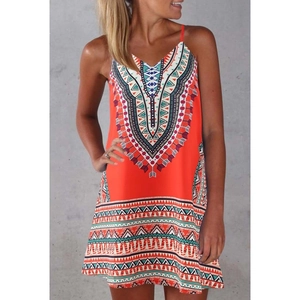 Bohemian orange V-neck mini dress with vibrant geometric prints and thin straps