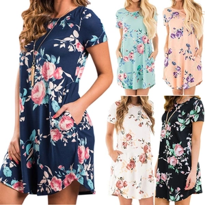 Women's Casual Short Sleeve Round Neck Floral Print T-Shirt Dress With Pockets Summer Vintage Rose Pattern Loose Mini Dress