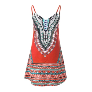 Close-up of bohemian tribal geometric print on v-neck spaghetti strap mini dress