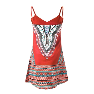 Detail of red boho mini dress showing digital geometric print and V-neckline texture