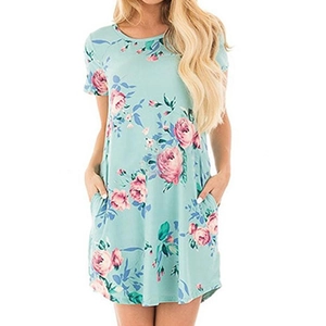 Short sleeve light blue floral print dress with round neck and side pockets for women