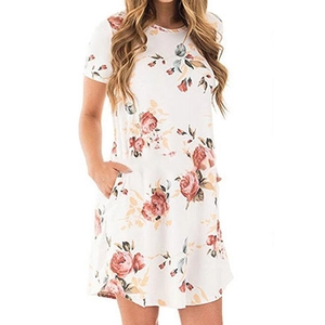 Women's short sleeve floral summer dress with white rose print and side pockets