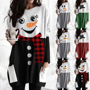 Dames casual jurk met lange mouwen en kerstsneeuwpop-print in kleurblokontwerp