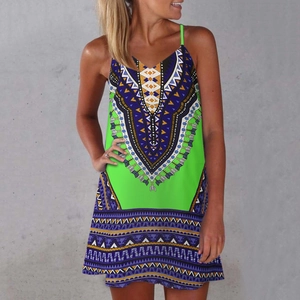 Detailed close-up of vibrant Dashiki print on sleeveless summer A-line mini dress