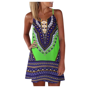 Detailed front view of the V-neck dashiki print summer dress with thin straps and geometric patterns