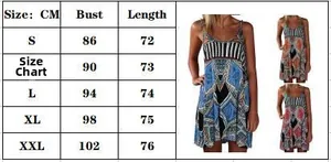 Detailed size guide table for bohemian geometric print adjustable strap summer mini dress