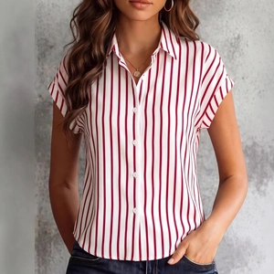 Women's summer short sleeve shirt with classic red and white vertical stripes and lapel collar