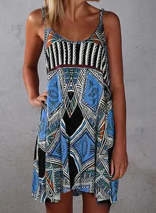 Detail of bohemian summer mini dress showing geometric ethnic prints and adjustable straps
