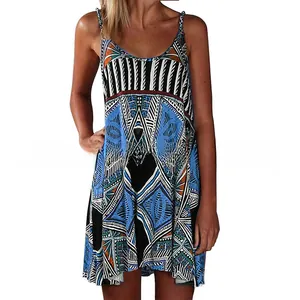 Detailed view of the geometric ethnic print and adjustable straps on this summer sundress