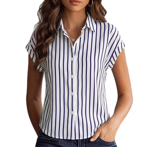Summer women's striped short sleeve button-up shirt with classic lapel in white and blue