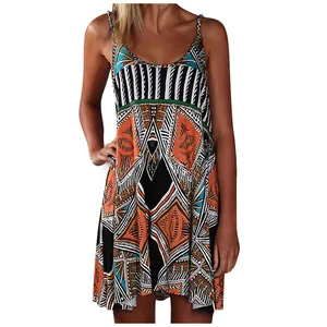 Detail of bohemian geometric print fabric on summer mini dress with thin straps