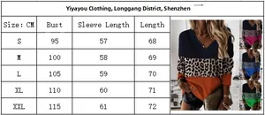 Size chart showing bust and length measurements for v-neck leopard patchwork sweatshirt