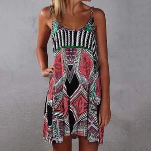 Detail of bohemian summer dress showing vibrant geometric patterns and ethnic print design