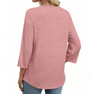 Back view of a mauve pink V-neck t-shirt featuring casual loose fit and 3/4 sleeves