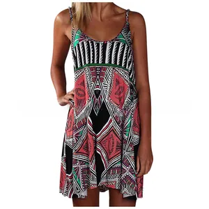 Detail of bohemian geometric print on sleeveless summer dress with adjustable straps