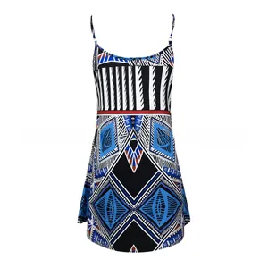 Detail of adjustable straps and geometric print pattern on a summer A-line dress