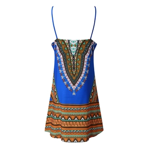 Flat lay view of a royal blue summer slip dress with ethnic geometric patterns and square neck