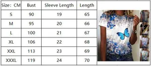 Size chart table for summer round neck butterfly print short sleeve T-shirt with measurements