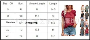 Detailed size chart for lace patchwork short sleeve t-shirt with measurement guide