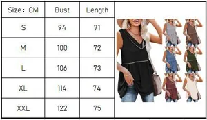 Size chart detail for women's V-neck sleeveless top showing bust and length measurements