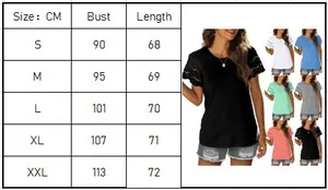 Size guide table for women's lace trim short sleeve t-shirt with detailed S-XXL measurements