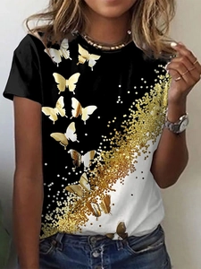 Women's slim fit round neck t-shirt featuring butterfly print and black white split design