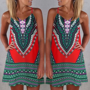Detailed pattern of ethnic print A-line dress with geometric motifs and V-neckline style