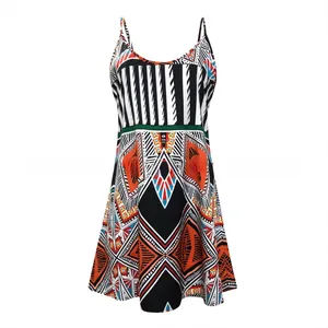 Detail of V-neck summer dress featuring vibrant geometric ethnic print on polyester fabric