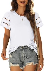 Close-up of elegant eyelet lace embroidery details on the white short sleeve cotton T-shirt