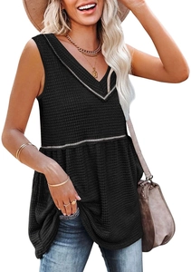 Detail of waffle knit texture and contrast grey piping on black V-neck sleeveless top