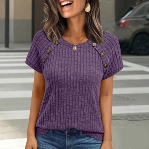 Detail of dark purple ribbed knit top with decorative shoulder buttons for women