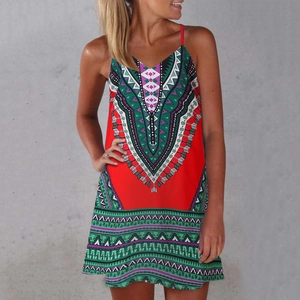 Detail of red summer mini dress featuring geometric prints and a deep V-neckline