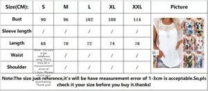 Detailed size chart for lace stitch printed t-shirt showing bust and length in cm