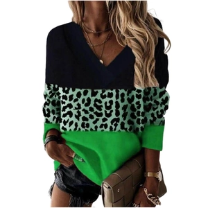 Women's V-neck long sleeve top with black, leopard print, and vibrant green color block