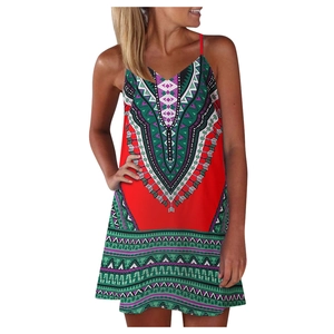 Detail of red summer dress featuring V-neckline and colorful geometric tribal prints