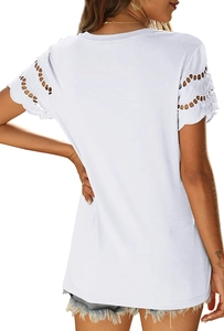 Rear view of white short-sleeve T-shirt featuring delicate lace spliced cuffs and round neck