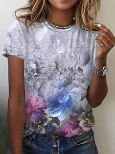 Women's crew neck T-shirt featuring blue-purple floral print and grey lace patterns