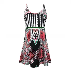 Detail of adjustable straps and bohemian geometric print on a V-neck summer dress