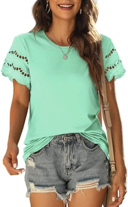 Detailed view of hollow lace embroidery and scalloped edges on mint green T-shirt sleeves