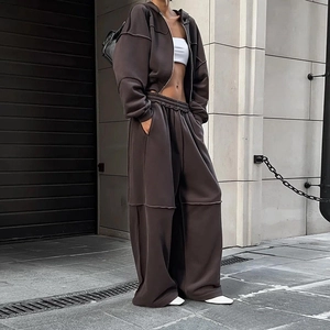 Damen Kapuzenjacke Mit Reißverschluss Und Hose Mit Weitem Bein Streetwear Sichtbare Nähte Herbst Winter Casual Outfits