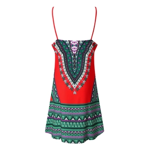 Detail of red summer dress featuring ethnic geometric patterns and thin straps