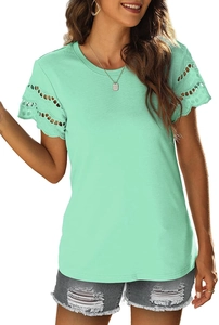Detail of mint green t-shirt featuring intricate lace eyelet trim on short sleeves