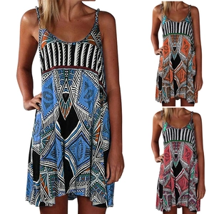 Women Bohemian Geometric Print Slip Mini Dress Summer Sleeveless A-Line Ethnic Style Vacation Beach Sundress