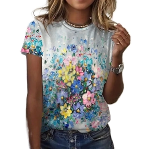 Detail of artistic oil painting style floral print on grey short sleeve cotton t-shirt