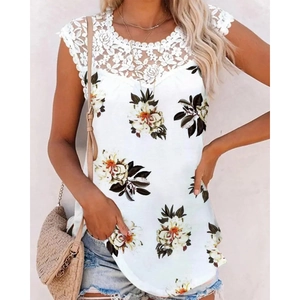 Women's white sleeveless top with floral print and lace patchwork on shoulders