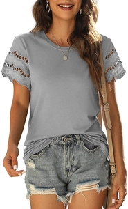 Detailed close-up of lace hollow embroidery and scalloped edges on the grey T-shirt sleeves
