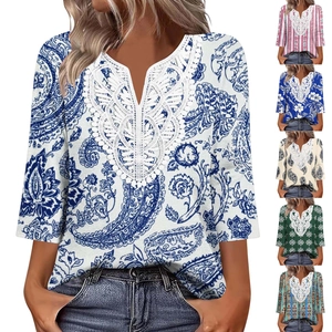 T-Shirt da Donna Scollo a V Patchwork in Pizzo Stampa Etnica Maniche a Tre Quarti Bohemien Paisley Fiocco di Neve Top Estivo Casual