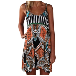 Women's summer A-line mini dress featuring vibrant geometric ethnic patterns and thin straps